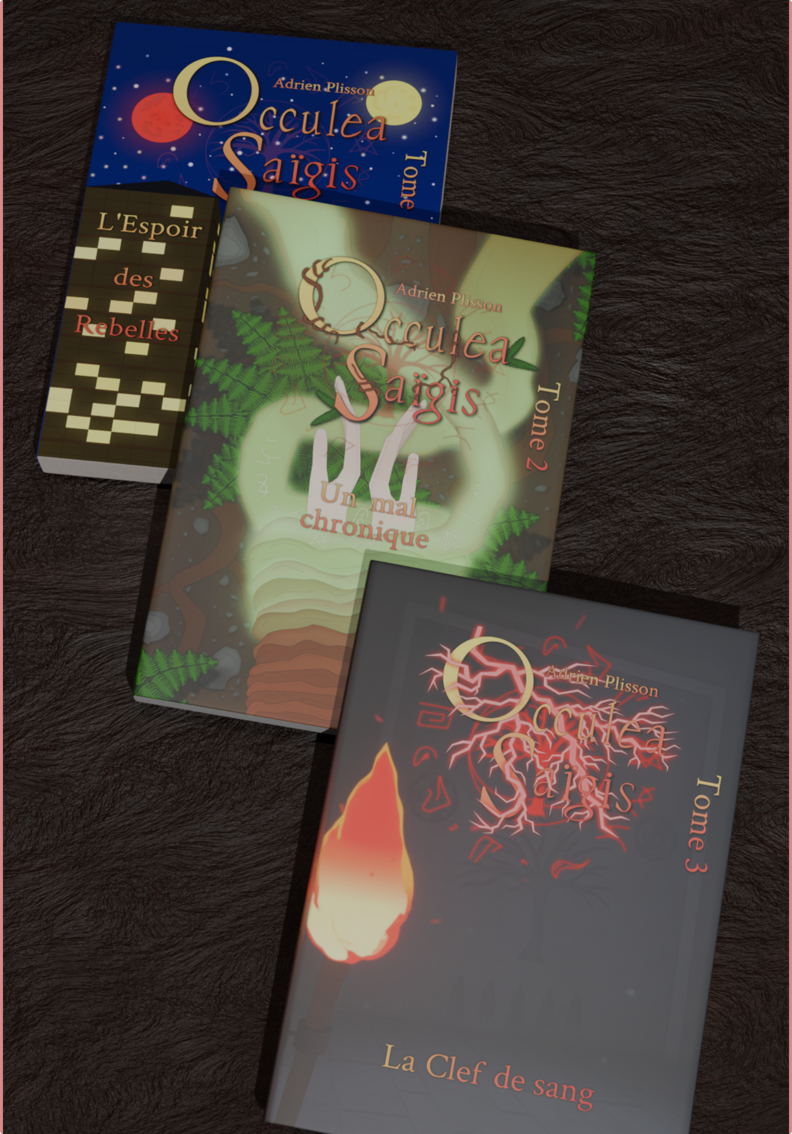 Aperçu des trois tomes d’Occulea Saïgis modélisés en 3D sur un support à l’apparence d’un bois noir.